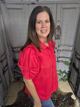 Load image into Gallery viewer, Button Up Top With Ruffled Sleeve-Red - Jeans Jewels and Jesus Boutique
