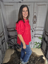 Load image into Gallery viewer, Button Up Top With Ruffled Sleeve-Red - Jeans Jewels and Jesus Boutique
