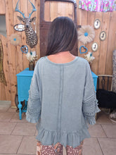 Load image into Gallery viewer, Dusty Blue Mineral Washed Top With Ruffles - Jeans Jewels and Jesus Boutique
