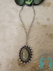 Green Marbled Stone Silvertone Necklace