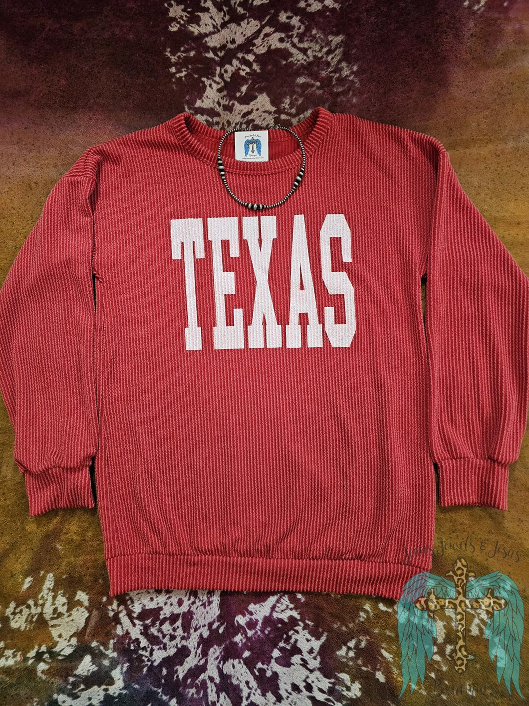 Ribbed Texas  Long Sleeve Top-Red