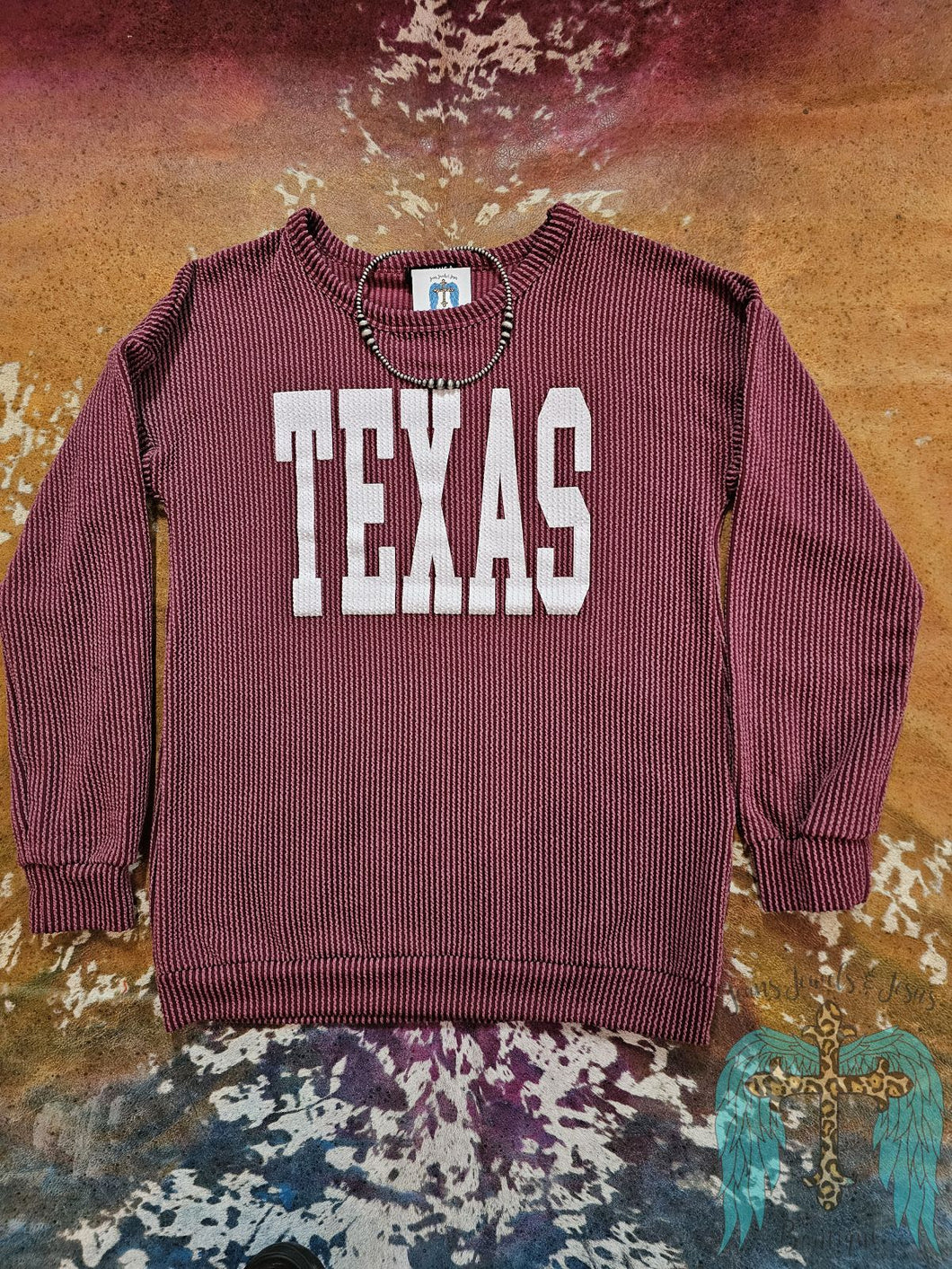 Ribbed Texas Long Sleeve Top-Burgundy