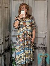 Load image into Gallery viewer, Blue and Rust Border Print Midi Dress
