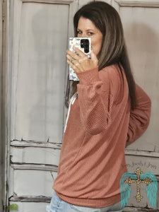 Ribbed Texas Long Sleeve Top-Rust