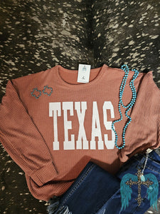 Ribbed Texas Long Sleeve Top-Rust