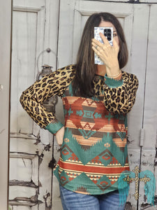 Aztec Top With Leopard Sleeves