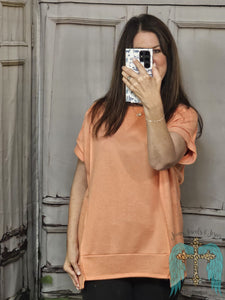 Hi Low Terry Short Sleeve Top-Coral