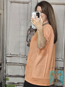 Hi Low Terry Short Sleeve Top-Coral