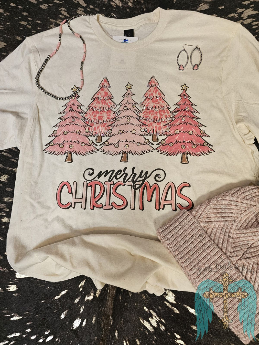Pink Trees Merry Christmas Tee w/Crystals