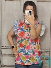 Load image into Gallery viewer, Floral Print Woven Top With Ruffled Striped Sleeve
