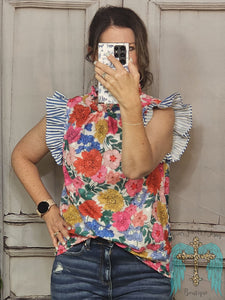 Floral Print Woven Top With Ruffled Striped Sleeve