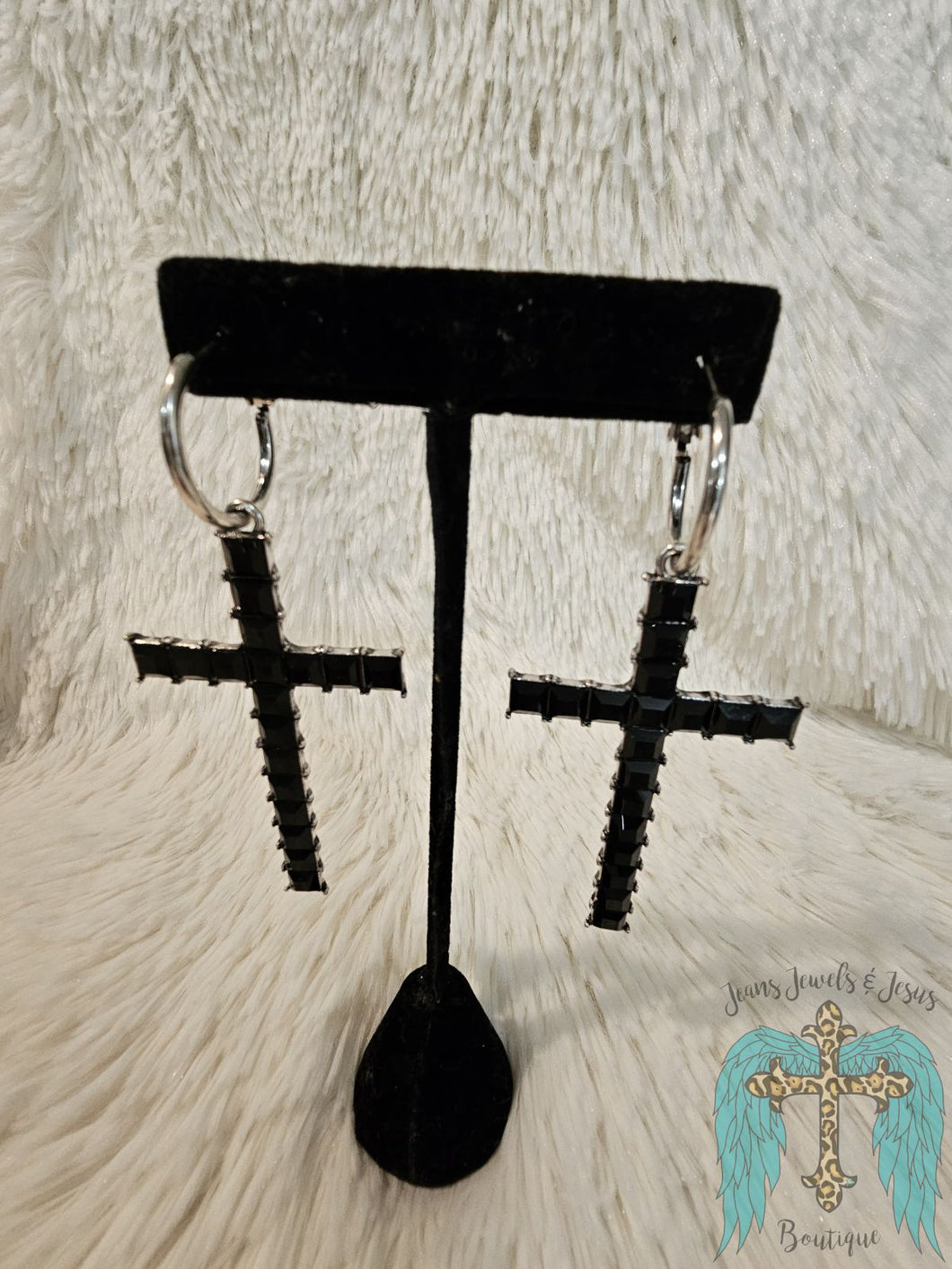 Black Crystal Cross Earrings