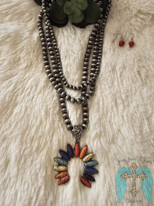 Navajo Pearl Necklace Set With Multi-Colored Sqaush Blossom