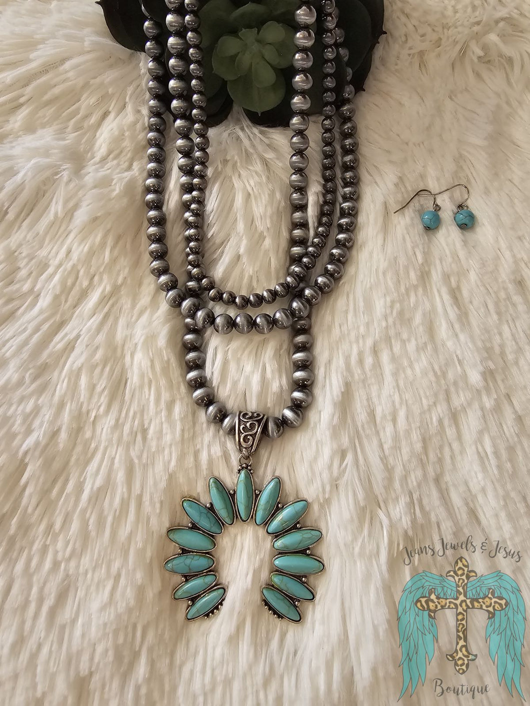 Navajo Pearl Necklace Set With Turquoise Squash Blossom