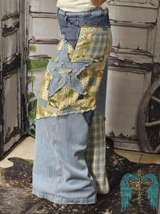 Patchwork Wide Leg Pants-Washed Denim