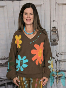 Chocolate and Flowers Balloon Sleeve Sweater