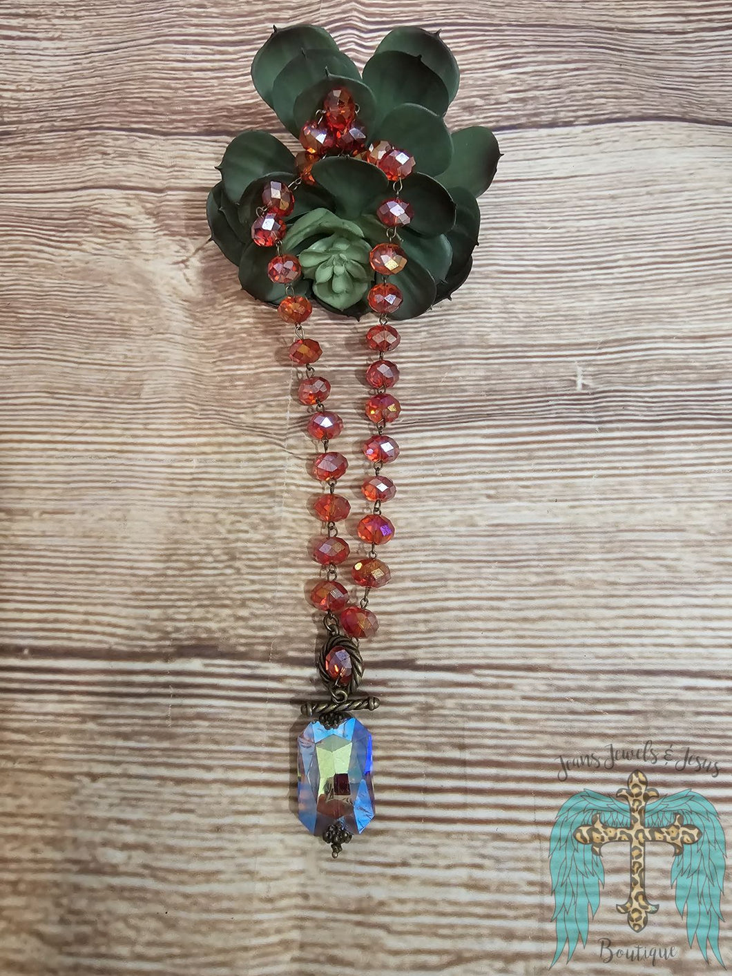 Coral Beaded Necklace With Crystal Charm