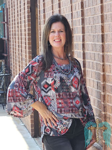 Nashville Charcoal & Red Bell Sleeve Top