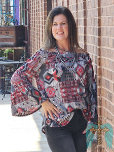 Nashville Charcoal & Red Bell Sleeve Top