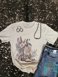 Watercolor Cowboy Boot With Feathers Tee
