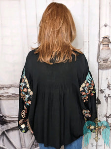 Black Poly Dobby Embroidered Top
