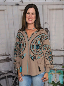 Mocha Teal Geometric and Floral Embroidery Top