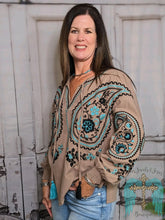 Load image into Gallery viewer, Mocha Teal Geometric and Floral Embroidery Top
