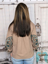 Load image into Gallery viewer, Mocha Teal Geometric and Floral Embroidery Top
