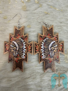 Indian Head Aztec Leather Dangle Earring
