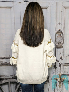Zip Up Sweater with Fringe Sleeve Details