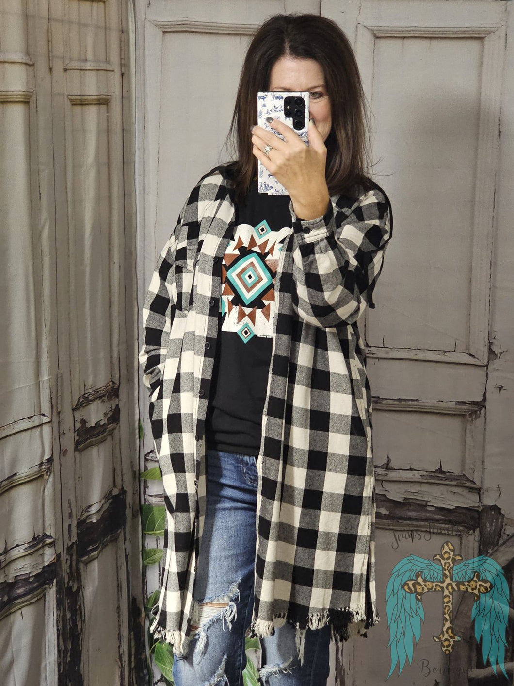 Plaid Long Sleeve Hooded Kimono-Blk/Wht