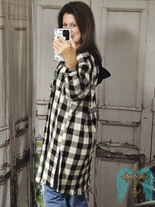 Plaid Long Sleeve Hooded Kimono-Blk/Wht