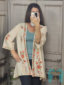 Beige Kimono With Embroidered Flowers