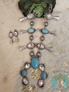 Silvertone Crystal And Turquoise Squash Blossom Necklace Set