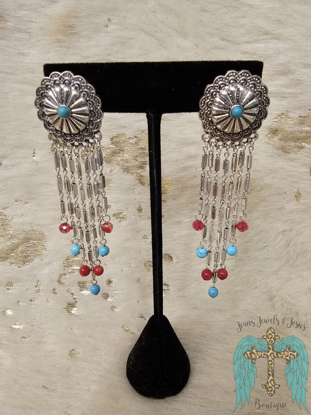 Cedar Creek Turquoise and Coral Silvertone Earrings