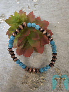 Turquoise And Copper Navajo Pearl Bead Stretch Bracelet