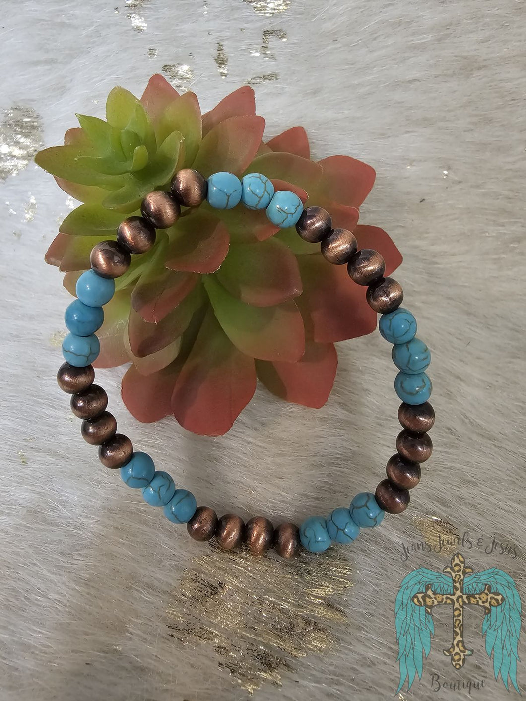 Turquoise And Copper Navajo Pearl Bead Stretch Bracelet