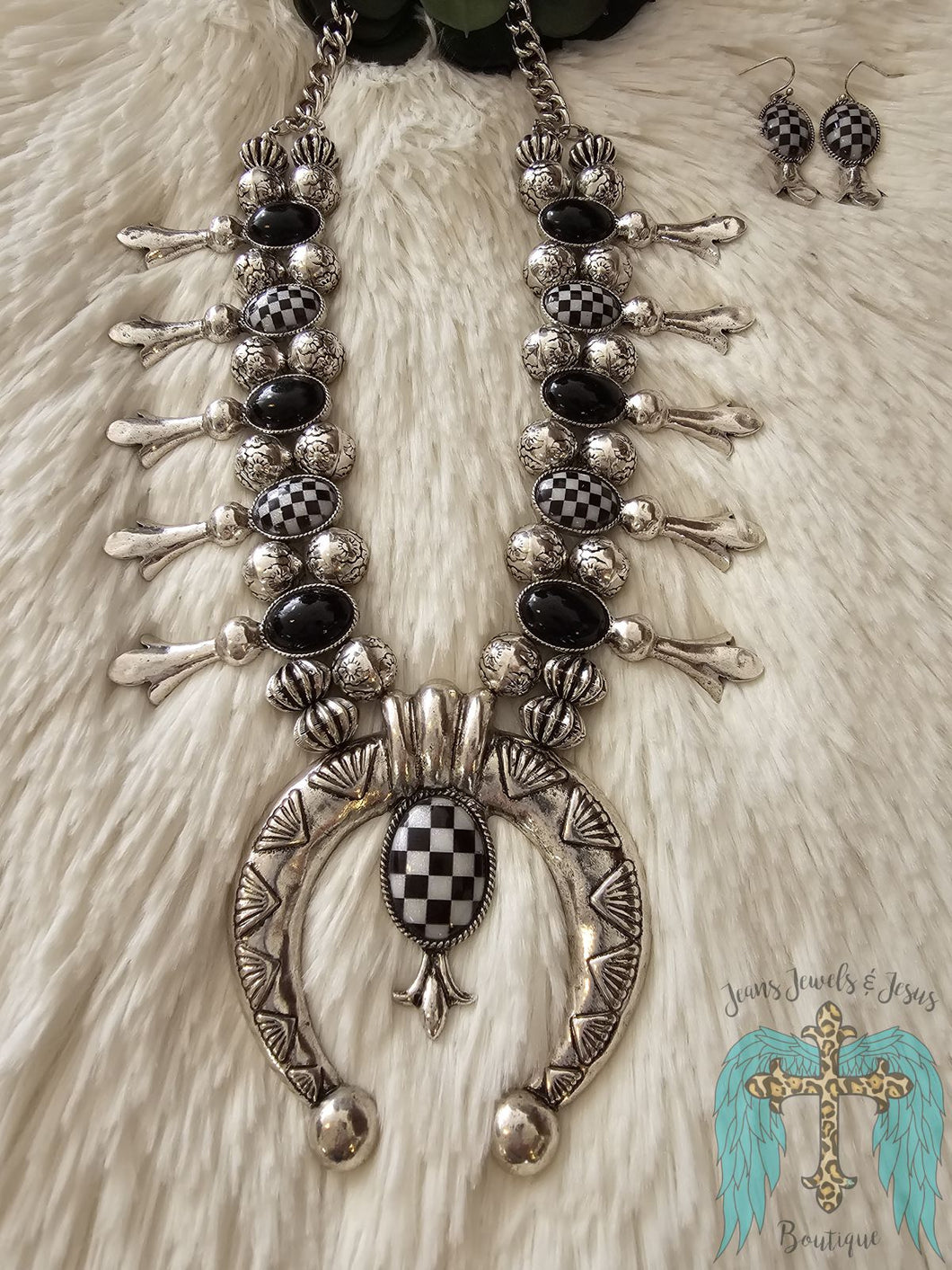 Black And White Checkered Squash Blossom Necklace Set