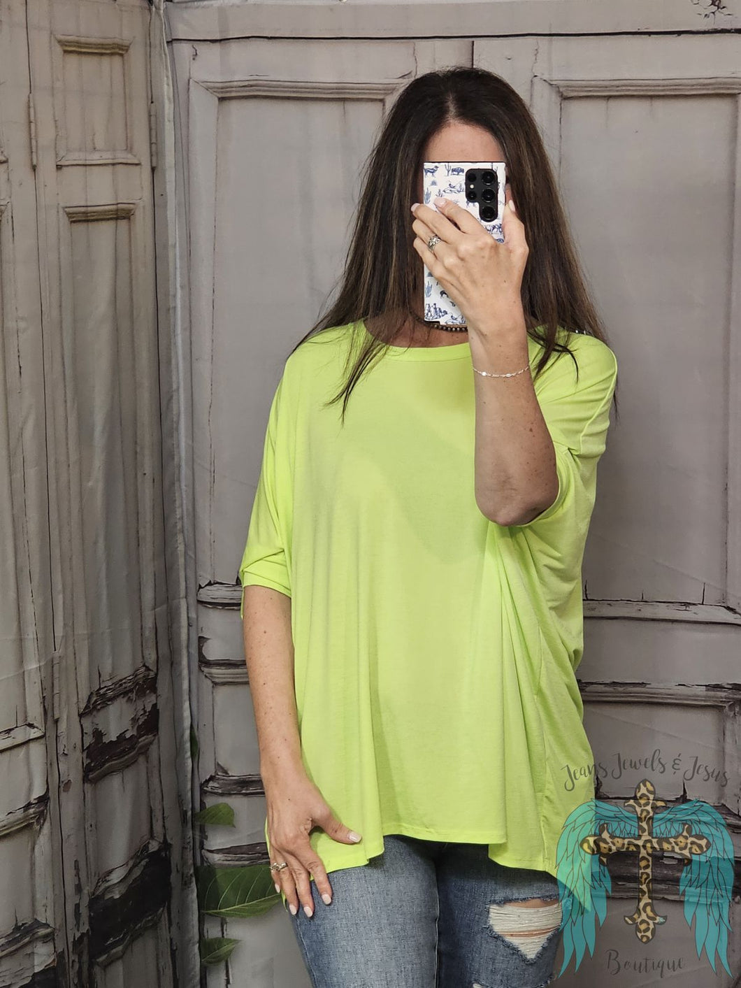 Oversized Stretchy Dolman Sleeve Top-Neon Green