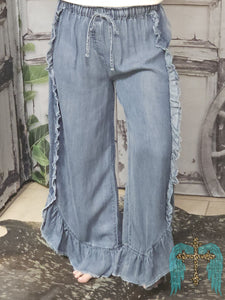 Washed Denim Ruffle Pants