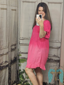 Dip Dye Frayed Linen Dress-Hot Pink