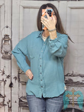 Load image into Gallery viewer, Dusty Teal Double Gauze Oversized Raw Hem Shirt
