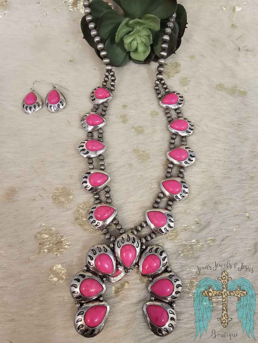 Hot Pink Squash Blossom Necklace And Earring Set