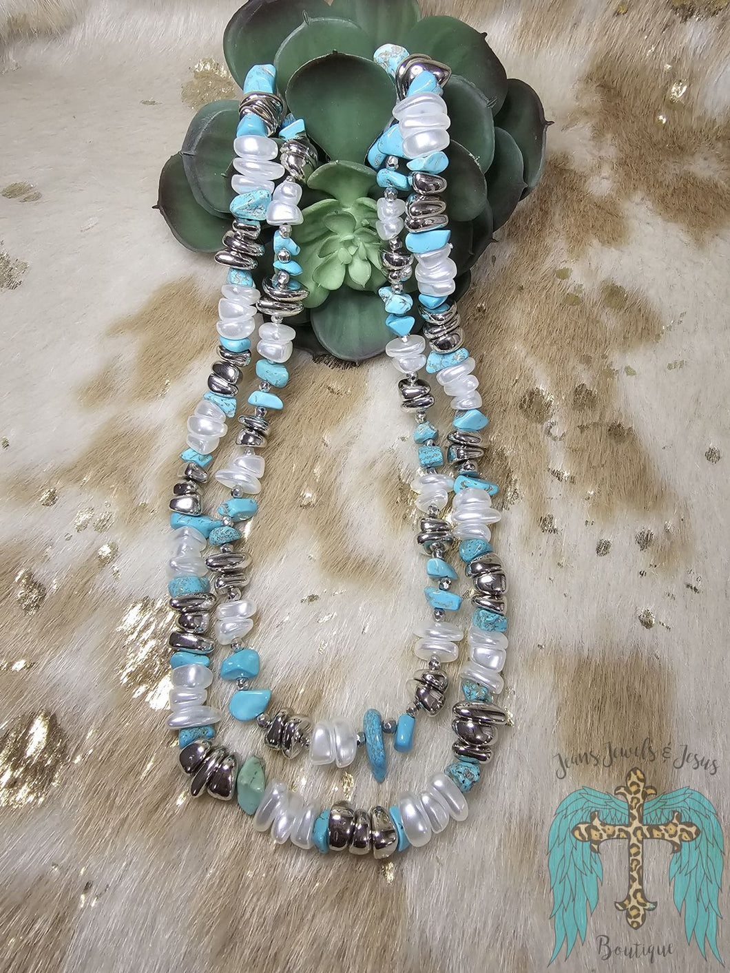 2 Strand Turquoise And White Beaded Necklace