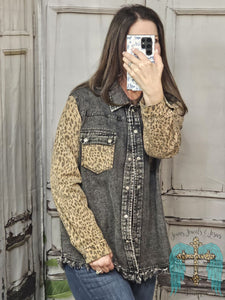 Black Acid Wash with Leopard Sleeves Jacket