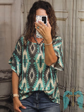 Load image into Gallery viewer, Turquoise And Charcoal Ribbed Aztec Top
