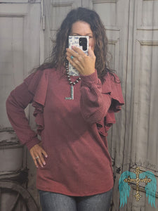 Long Ruffled Sleeve Urban Ribbed Top-Burgundy