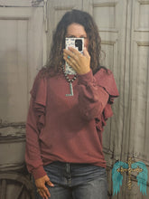 Load image into Gallery viewer, Long Ruffled Sleeve Urban Ribbed Top-Burgundy
