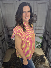 Load image into Gallery viewer, Gingham And Ruffled Sleeve V Neck Top - Jeans Jewels and Jesus Boutique
