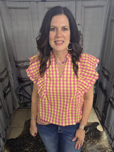 Load image into Gallery viewer, Gingham And Ruffled Sleeve V Neck Top - Jeans Jewels and Jesus Boutique
